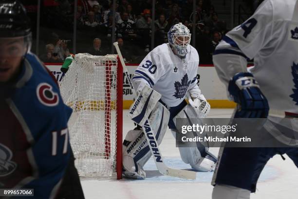 Goaltender Calvin Pickard of the Toronto Maple Leafs stands ready against the Colorado Avalanche at the Pepsi Center on December 29, 2017 in Denver,...