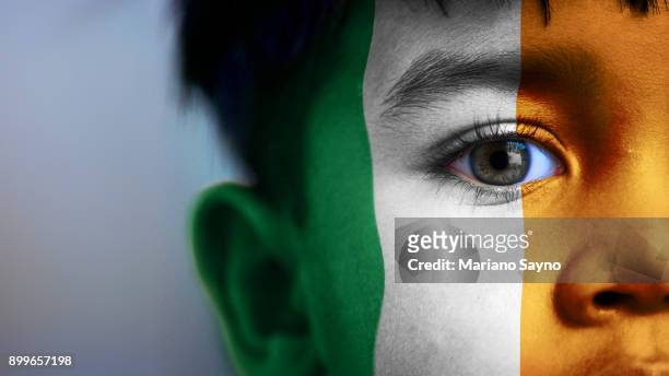 boy's face, looking at camera, cropped view with digitally placed ireland flag on his face. - nordirland bildbanksfoton och bilder