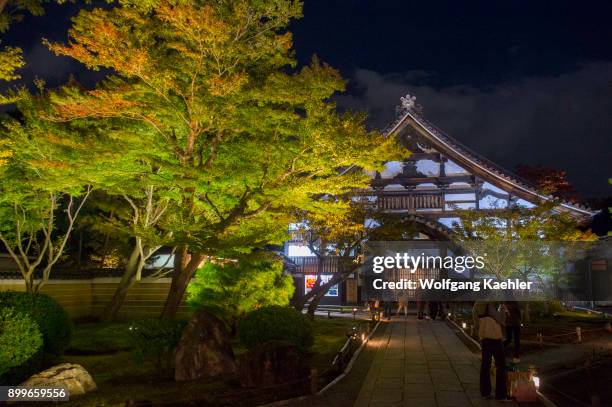 The Kodai-ji Temple illuminated at night is located at the foot of Higashiyama Ryozen Mountains in Kyoto, Japan.