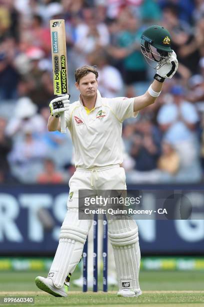Steve Smith of Australia celebrates after reaching his century during day four of the Fourth Test Match in the 2017/18 Ashes series between Australia...