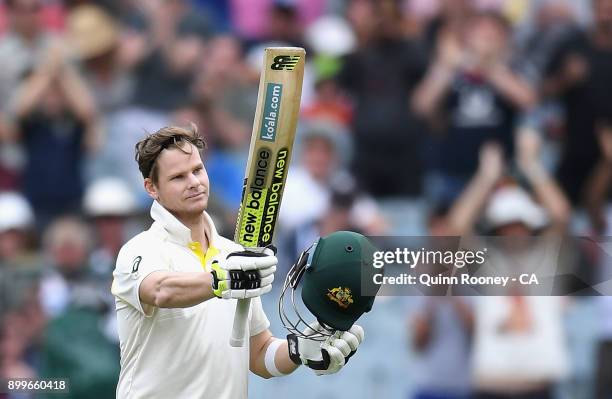 Steve Smith of Australia celebrates after reaching his century during day four of the Fourth Test Match in the 2017/18 Ashes series between Australia...