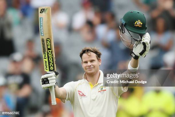 Steve Smith of Australia celebrates making his century during day one of the Fourth Test Match in the 2017/18 Ashes series between Australia and...