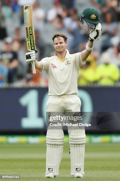 Steve Smith of Australia celebrates making his century during day one of the Fourth Test Match in the 2017/18 Ashes series between Australia and...