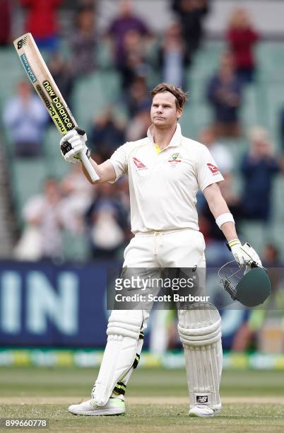 Steve Smith of Australia celebrates his century during day one of the Fourth Test Match in the 2017/18 Ashes series between Australia and England at...