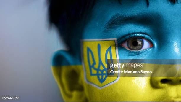 boy's face, looking at camera, cropped view with digitally placed ukraine flag on his face. - ukraine war photos et images de collection
