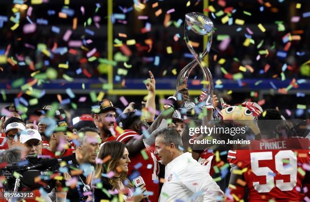 The Ohio State Buckeyes celebrate following the 82nd Goodyear Cotton Bowl Classic between USC and Ohio State at AT&T Stadium on December 29, 2017 in...