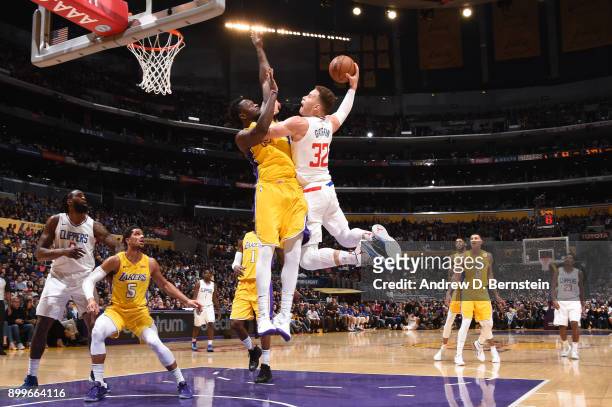 Blake Griffin of the LA Clippers goes up for a dunk against the Los Angeles Lakers on December 29, 2017 at STAPLES Center in Los Angeles, California....