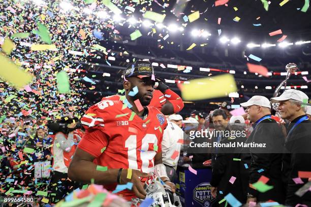 Barrett of the Ohio State Buckeyes celebrates after winning the Goodyear Cotton Bowl against the USC Trojans at AT&T Stadium on December 29, 2017 in...