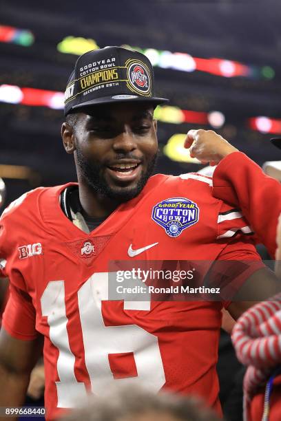 Barrett of the Ohio State Buckeyes celebrates after winning the Goodyear Cotton Bowl against the USC Trojans at AT&T Stadium on December 29, 2017 in...