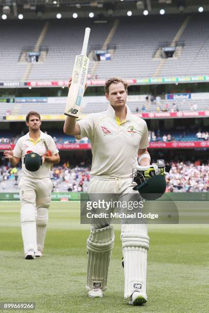 Steve Smith of Australia and Mitchell Marsh walk off after the drawn result during day one of the Fourth Test Match in the 2017/18 Ashes series...