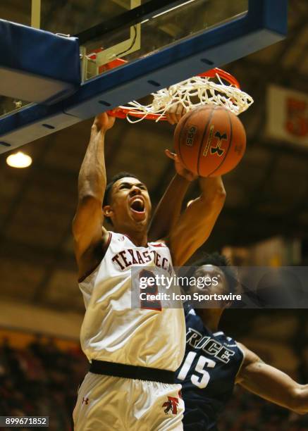 Texas Tech guard Zhaire Smith dunks during the Texas Tech Raider's 73-53 victory over the Rice Owls on December 16, 2017 at Lubbock Municipal...