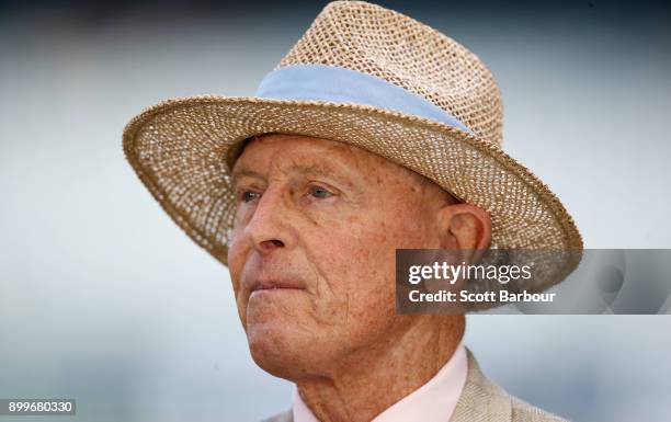 Geoffrey Boycott looks on during day five of the Fourth Test Match in the 2017/18 Ashes series between Australia and England at Melbourne Cricket...