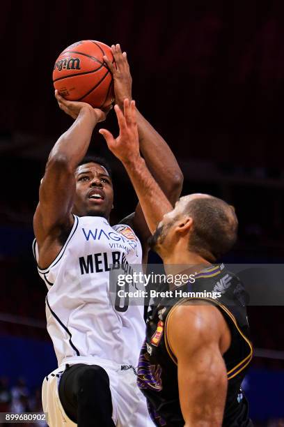 Carrick Felix of Melbourne shoots during the round 12 NBL match between the Sydney Kings and Melbourne United at Qudos Bank Arena on December 30,...