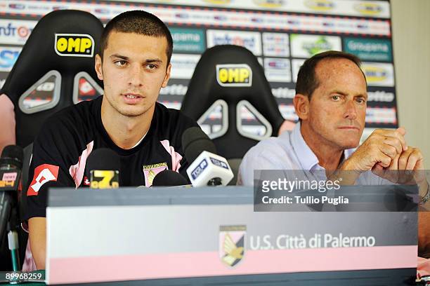 Palermo's new signing Cristian Melinte and vice-president Guglielmo Micciche speak to the media during a press conference at the Tenente Carmelo...