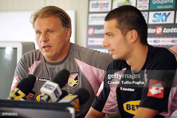 Assistant coach Massimo Pedrazzini and Palermo's new signing Cristian Melinte speak to the media during a press conference at the Tenente Carmelo...