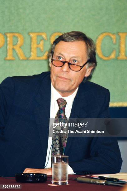 General Agreement on Tariffs and Trade director-general Arthur Dunkel speaks during a press conference at the Japan National Press Club on September...