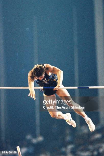 Sergey Bubka of Ukraine competes to break the new world record in the Men's Pole Vault during the TOTO Super Track and Field at the National Stadium...