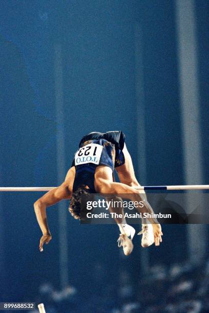 Sergey Bubka of Ukraine competes to break the new world record in the Men's Pole Vault during the TOTO Super Track and Field at the National Stadium...