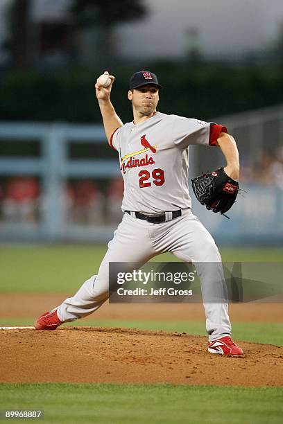 Chris Carpenter of the St. Louis Cardinals pitches against the Los Angeles Dodgers at Dodger Stadium on August 17, 2009 in Los Angeles, California.