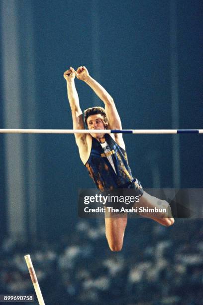 Sergey Bubka of Ukraine competes to break the new world record in the Men's Pole Vault during the TOTO Super Track and Field at the National Stadium...