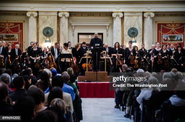 The National Symphony Orchestra, led by assistant conductor Ankush Kumar Bahl, performs at Union Station as part of NSO In Your Neighborhood.