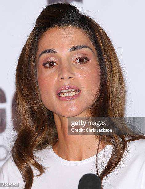 Queen Rania Al Abdullah of Jordan talks during a press conference at the 1 Goal: Education for All photocall at Wembley Stadium on August 20, 2009 in...