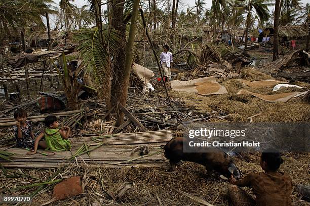 Two young girls sit among the ruins of houses, while a woman feeds a pig on May 10, 2008 in the village of Kyaun Da Min a few hours south of Pyapon,...