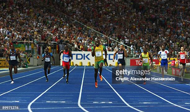 Usain Bolt of Jamaica crosses the line to win the gold medal in the men's 200 Metres Final during day six of the 12th IAAF World Athletics...