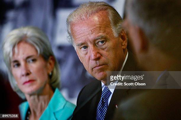 Vice President Joe Biden and Health and Human Services Secretary Kathleen Sebelius listens to health care professionals during a roundtable...