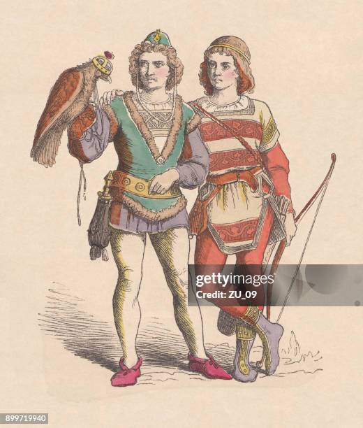 young princes as falconers during the middle ages, published c.1880 - falcon stock illustrations