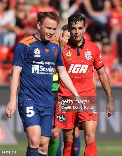 Corey Brown of the Roar and Nikola Mileusnic of United react during the round 13 A-League match between Adelaide United and Brisbane Roar at Coopers...