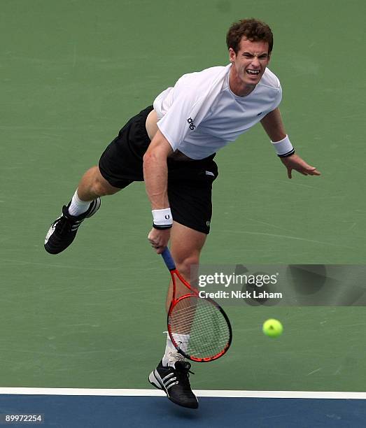 Andy Murray of Great Britain serves against Radek Stepanek of the Czech Republic during day four of the Western & Southern Financial Group Masters on...