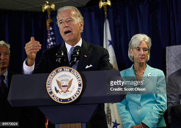 Vice President Joe Biden with Health and Human Services Secretary Kathleen Sebelius speaks to health care professionals prior to a roundtable...