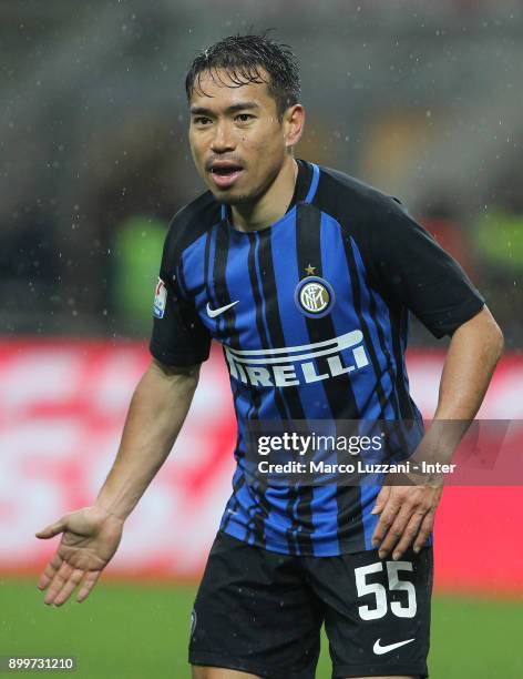 Yuto Nagatomo of FC Internazionale looks on during the TIM Cup match between AC Milan and FC Internazionale at Stadio Giuseppe Meazza on December 27,...