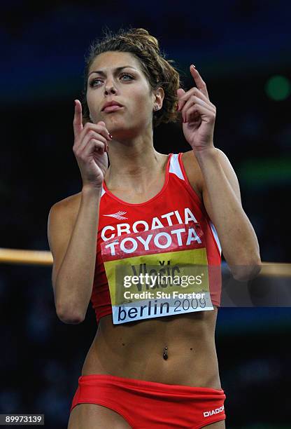 Blanka Vlasic of Croatia celebrates a jump in the women's High Jump Final during day six of the 12th IAAF World Athletics Championships at the...