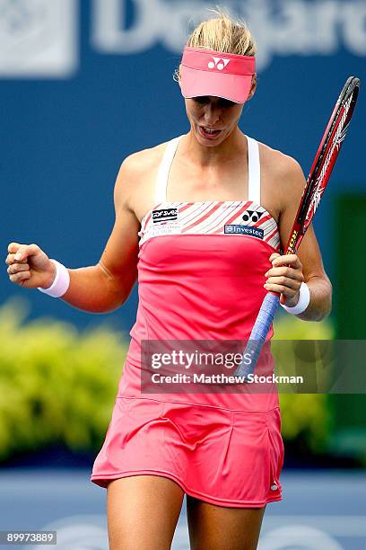 Elena Dementieva of Russia celebrates breaking Shahar Peer of Israel during the Rogers Cup at the Rexall Center on August 20, in Toronto, Ontario,...