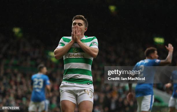 James Forrest of Celtic reacts after he shoots at goal during the Scottish Premier League match between Celtic and Ranger at Celtic Park on December...