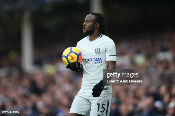 Victor Moses of Chelsea takes a throw in during the Premier League match between Everton and Chelsea during the Premier League match between Everton...