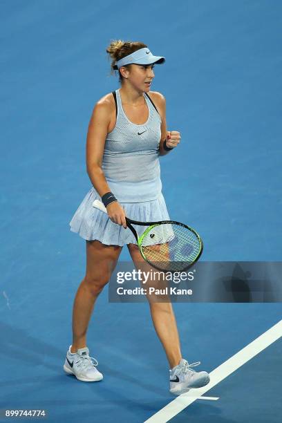 Belinda Bencic of Switzerland celebrates winning her 2018 Hopman Cup match against Naomi Osaka of Japan at Perth Arena on December 30, 2017 in Perth,...