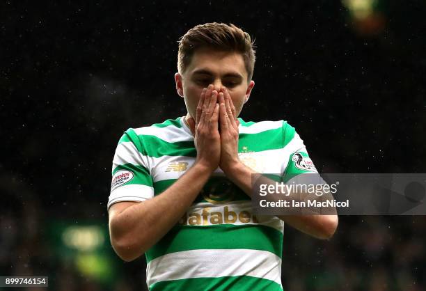 James Forrest of Celtic reacts during the Scottish Premier League match between Celtic and Rangers at Celtic Park on December 30, 2017 in Glasgow,...