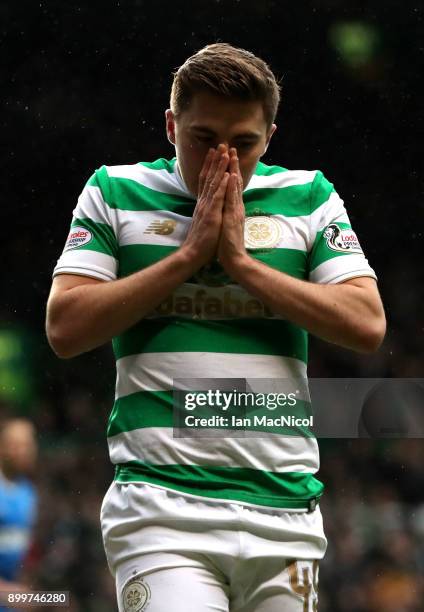 James Forrest of Celtic reacts during the Scottish Premier League match between Celtic and Rangers at Celtic Park on December 30, 2017 in Glasgow,...