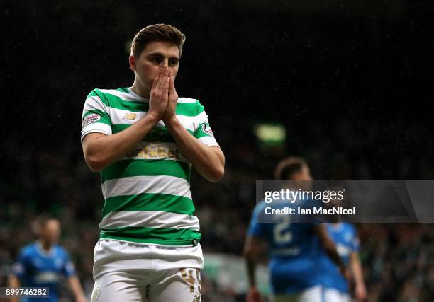 James Forrest of Celtic reacts during the Scottish Premier League match between Celtic and Rangers at Celtic Park on December 30, 2017 in Glasgow,...