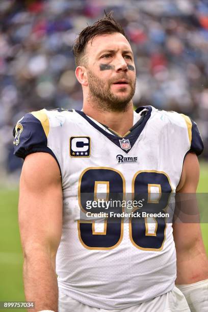 Connor Barwin of the Los Angeles Rams watches from the sideline during a game against the Tennessee Titans at Nissan Stadium on December 24, 2017 in...