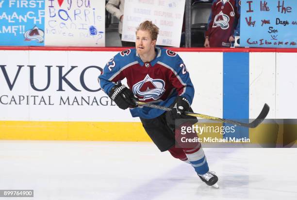 Colin Wilson of the Colorado Avalanche skates prior to the game against the Arizona Coyotes at the Pepsi Center on December 27, 2017 in Denver,...