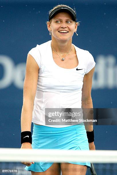 Lucie Safarova of the Czech Republic celebrates match point against Jie Zheng of China during the Rogers Cup at the Rexall Center on August 20, in...
