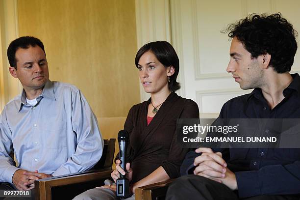 Chris Rapp, Sarah Shourd's brother, Shannon Bauer, Shane Bauer's sister, and Alex Fattal, Joshua Fattal's brother give an interview in New York...