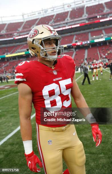 George Kittle of the San Francisco 49ers stands on the field prior to the game against the Jacksonville Jaguars at Levi's Stadium on December 24,...