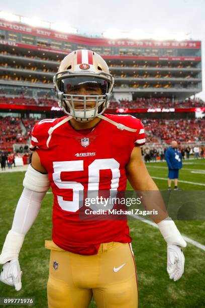 Brock Coyle of the San Francisco 49ers stands on the field prior to the game against the Jacksonville Jaguars at Levi's Stadium on December 24, 2017...