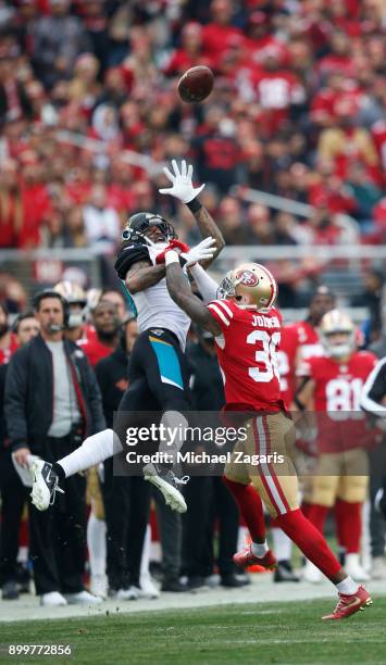 Dontae Johnson of the San Francisco 49ers draws a pass inference calls during the game against the Jacksonville Jaguars at Levi's Stadium on December...