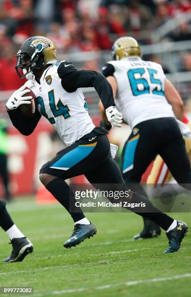 Yeldon of the Jacksonville Jaguars rushes during the game against the San Francisco 49ers at Levi's Stadium on December 24, 2017 in Santa Clara,...